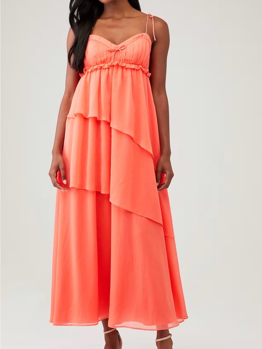Etre Aime Coral Tiered Maxi Dress with Spaghetti Straps